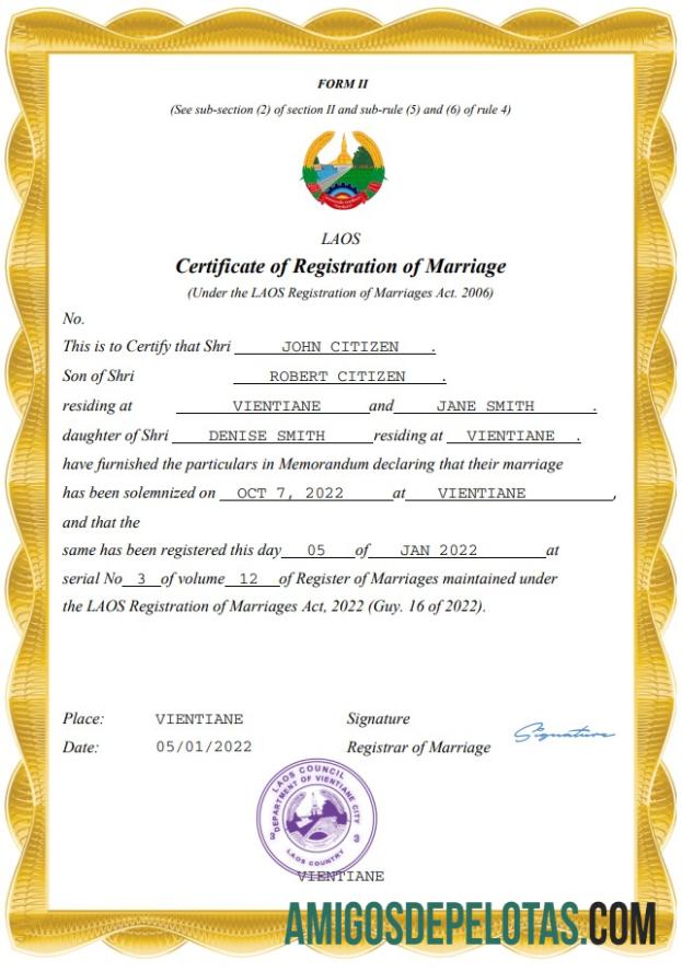 Imprimível modelo Word e PDF de certidão de casamento no Laos